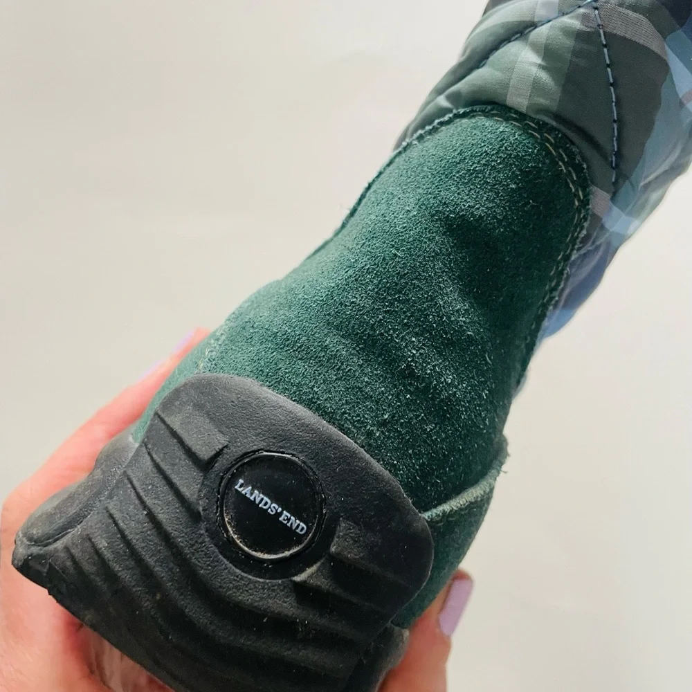 Lands’ End Vintage Green & Blue Plaid Suede Zip Winter Booties